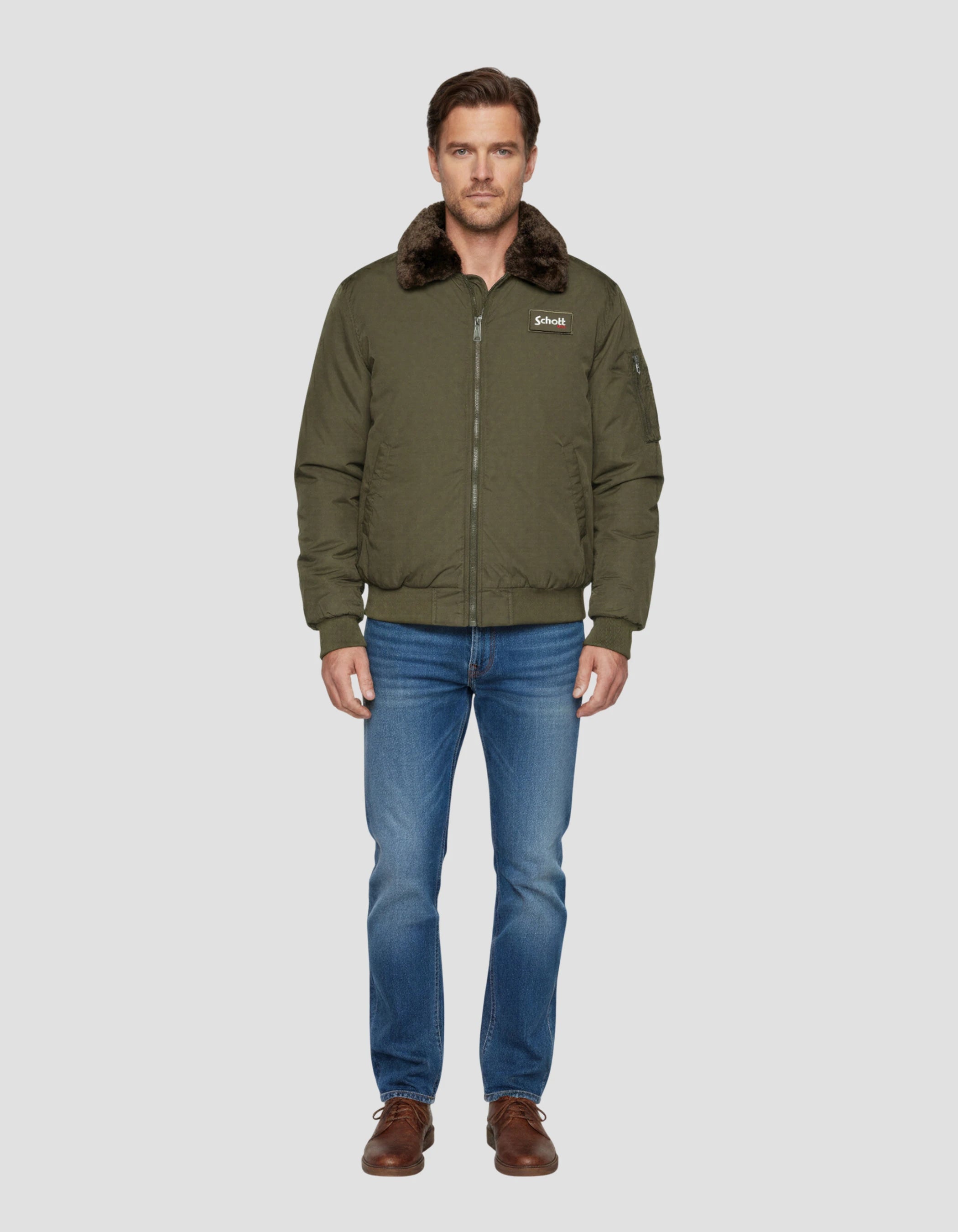 Chaqueta de color caqui con cuello de piel sintética extraíble-1